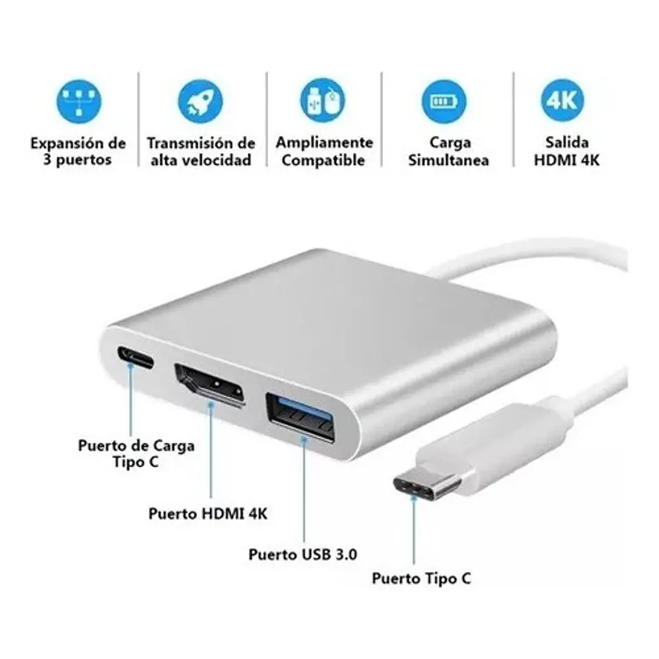 Adaptador Multipuerto 3 En 1 Usb Tipo C 3.0 A Hdmi 4k   4