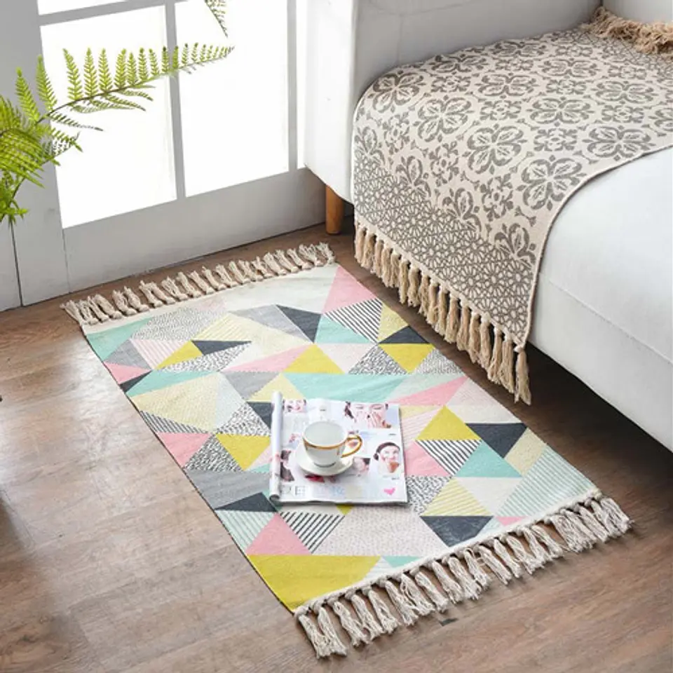 Alfombra Minimalista Estampada Boho Tejida A Mano Con Borlas 7