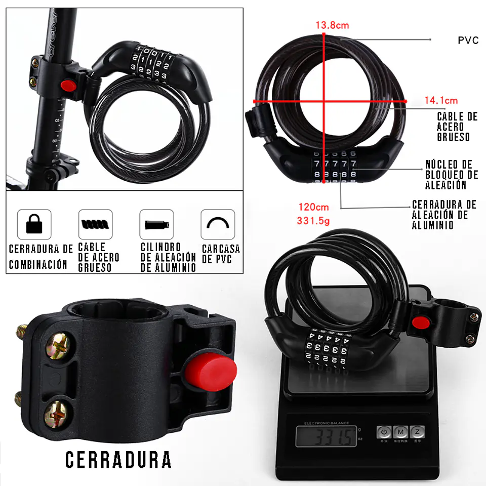 Candado Bicicleta Clave Seguridad De Bloqueo Antirrobo 120cm 3