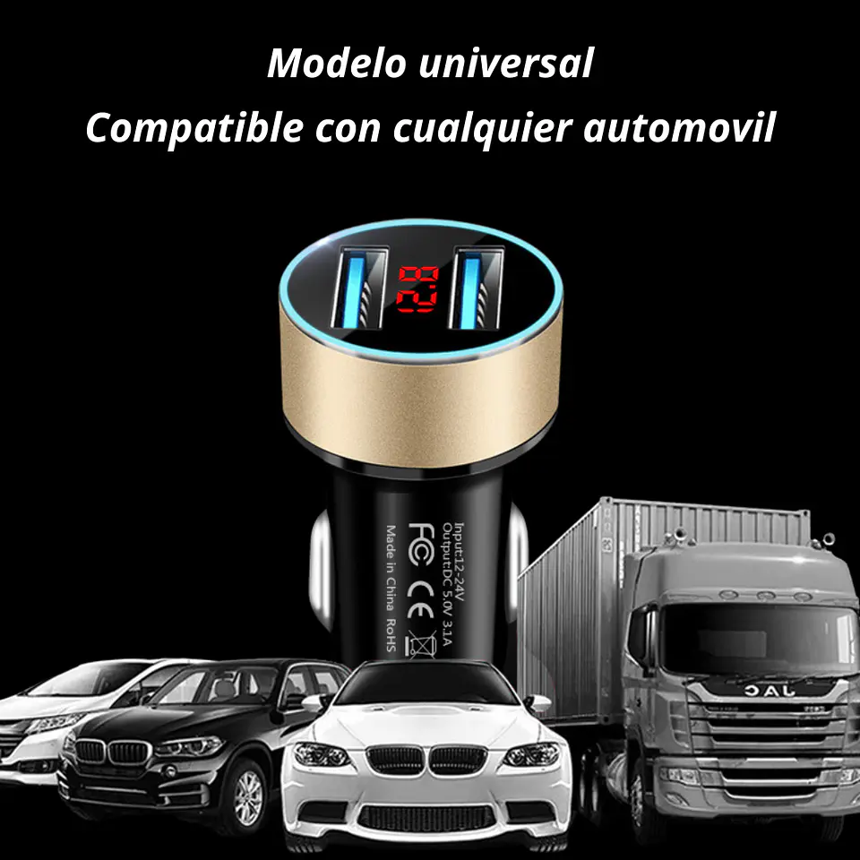 Cargador Adaptador Automovil Usb Doble Entrada 12-24v 3.1a 4