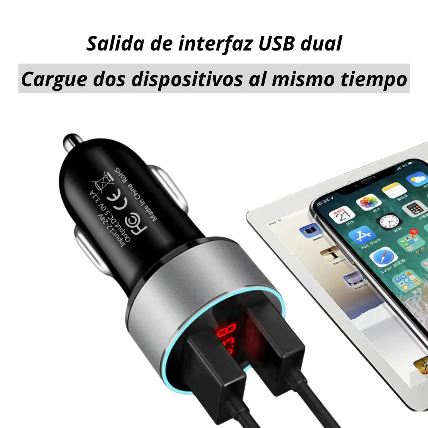 Cargador Adaptador Automovil Usb Doble Entrada 12-24v 3.1a 2
