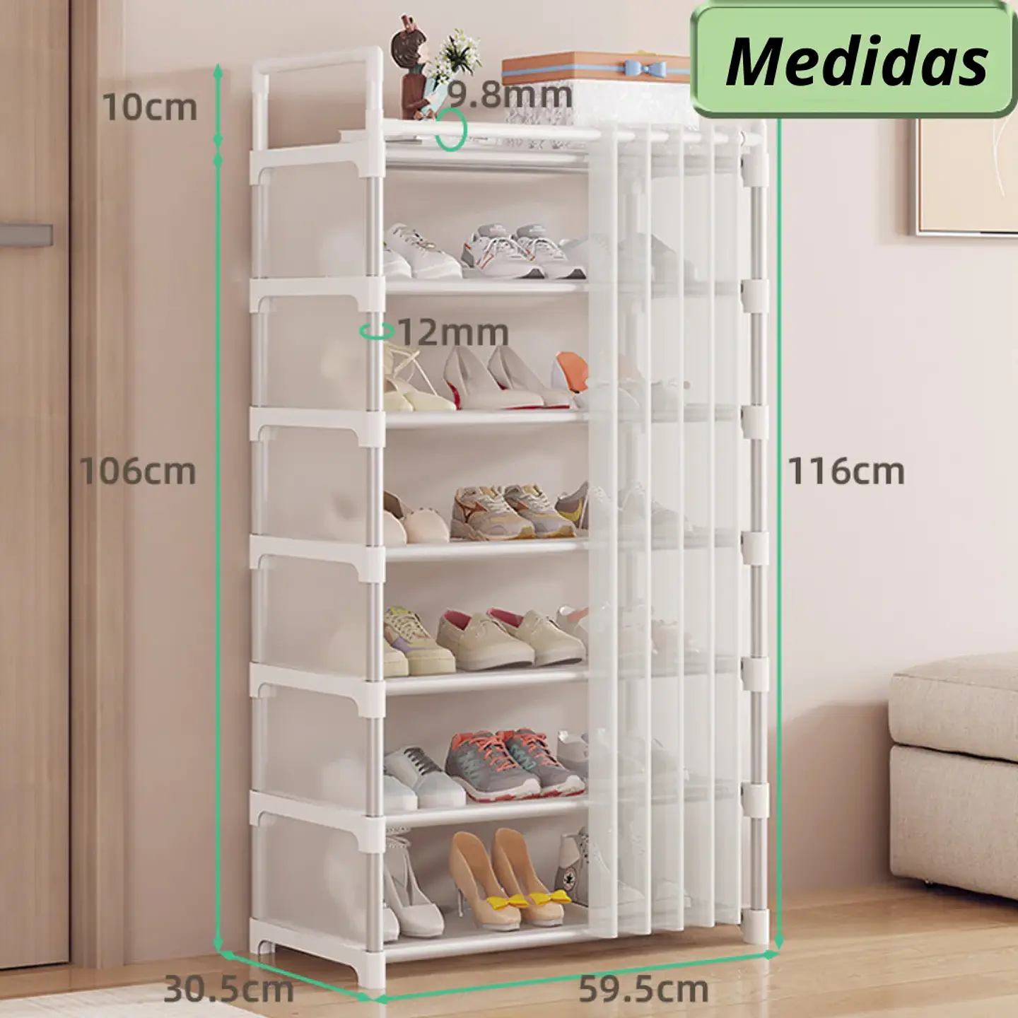 Zapatero De 7 Niveles Metal Organizador + Cortina 2