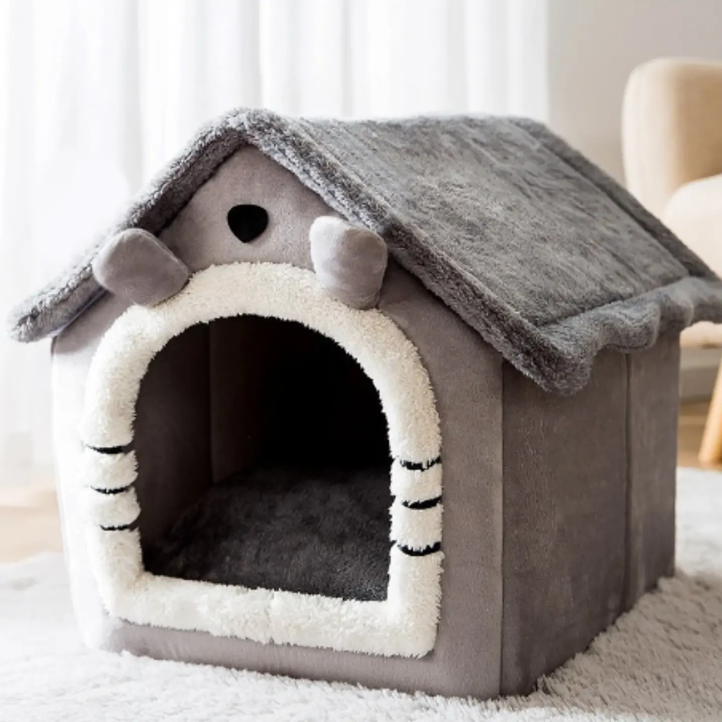 Casa Para Mascotas Calida De Interior Forrada En Felpa 7