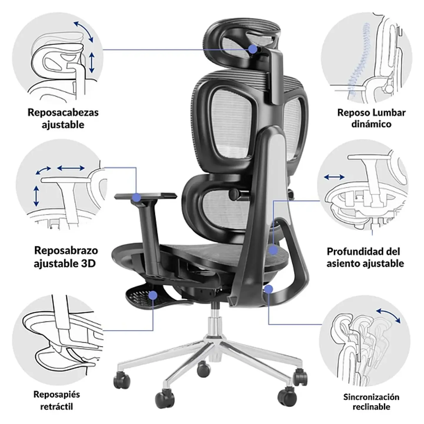 Silla Oficina Élite Ergonómica Soporte Lumbar Cervical Ajustable 9