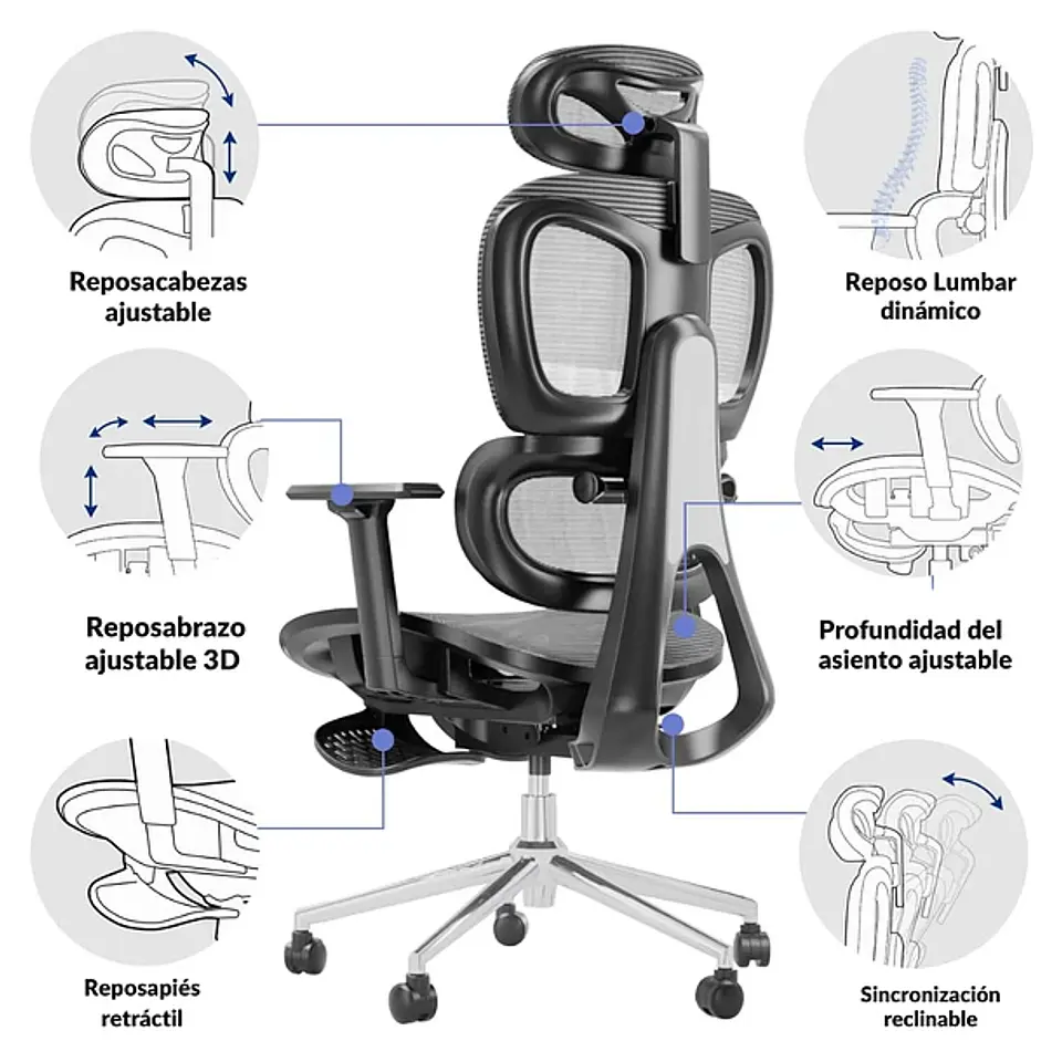 Silla Oficina Élite Ergonómica Soporte Lumbar Cervical Ajustable 9