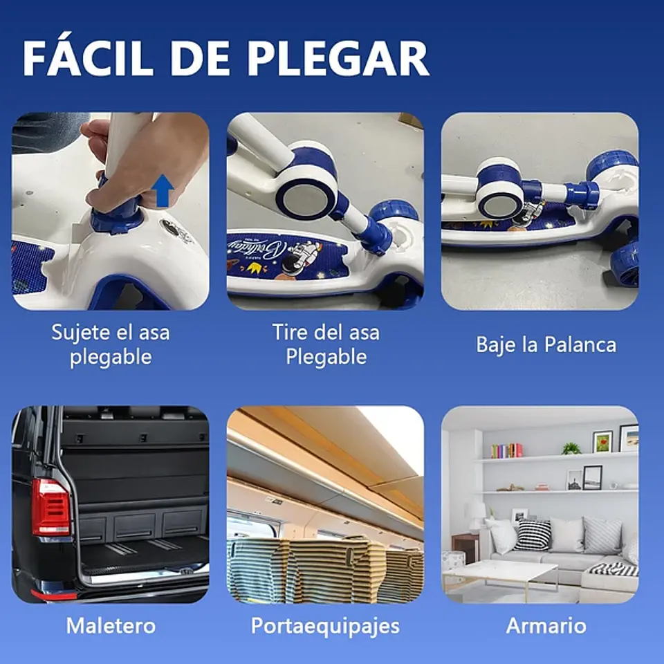 Scooter Monopatín 3 Ruedas Led Musical Plegable Niños Regulable 12