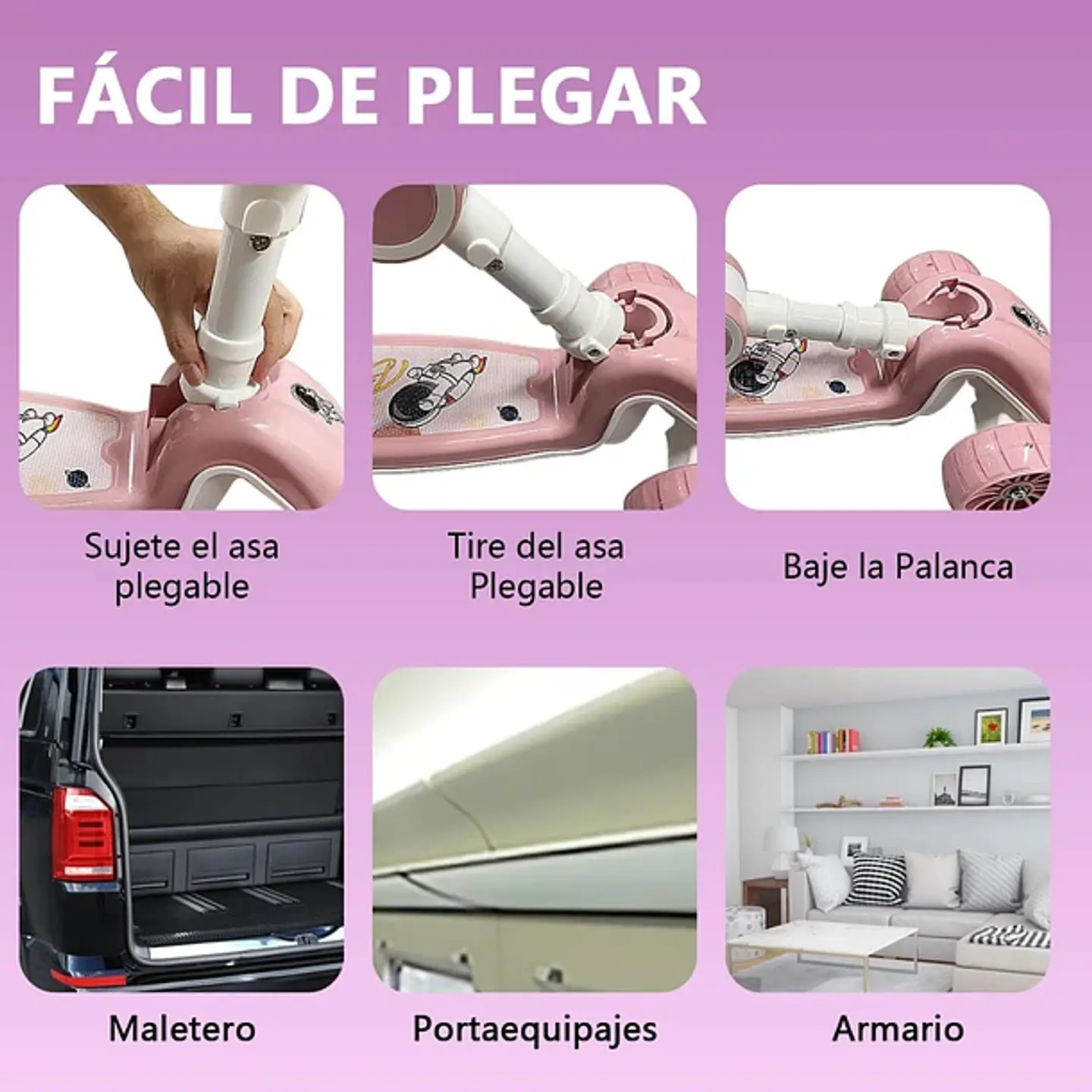 Scooter Monopatín 3 Ruedas Led Musical Plegable Niños Regulable 5