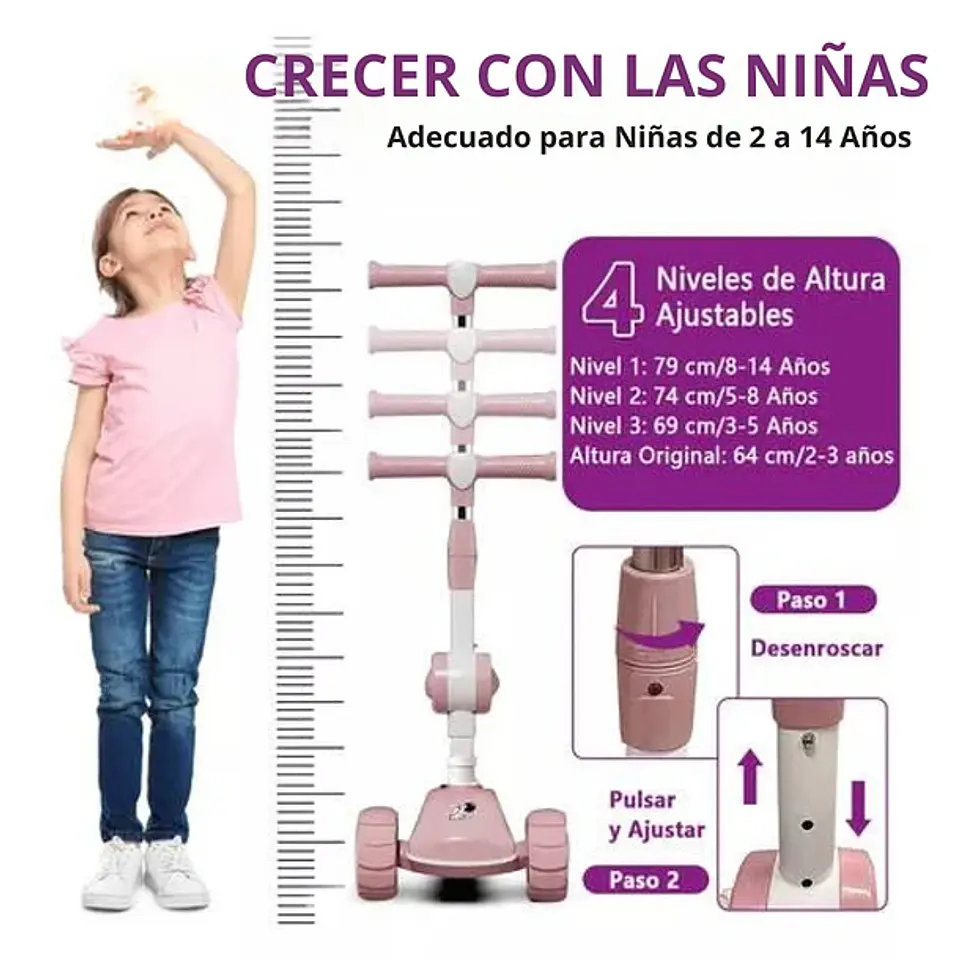 Scooter Monopatín 3 Ruedas Led Musical Plegable Niños Regulable 6