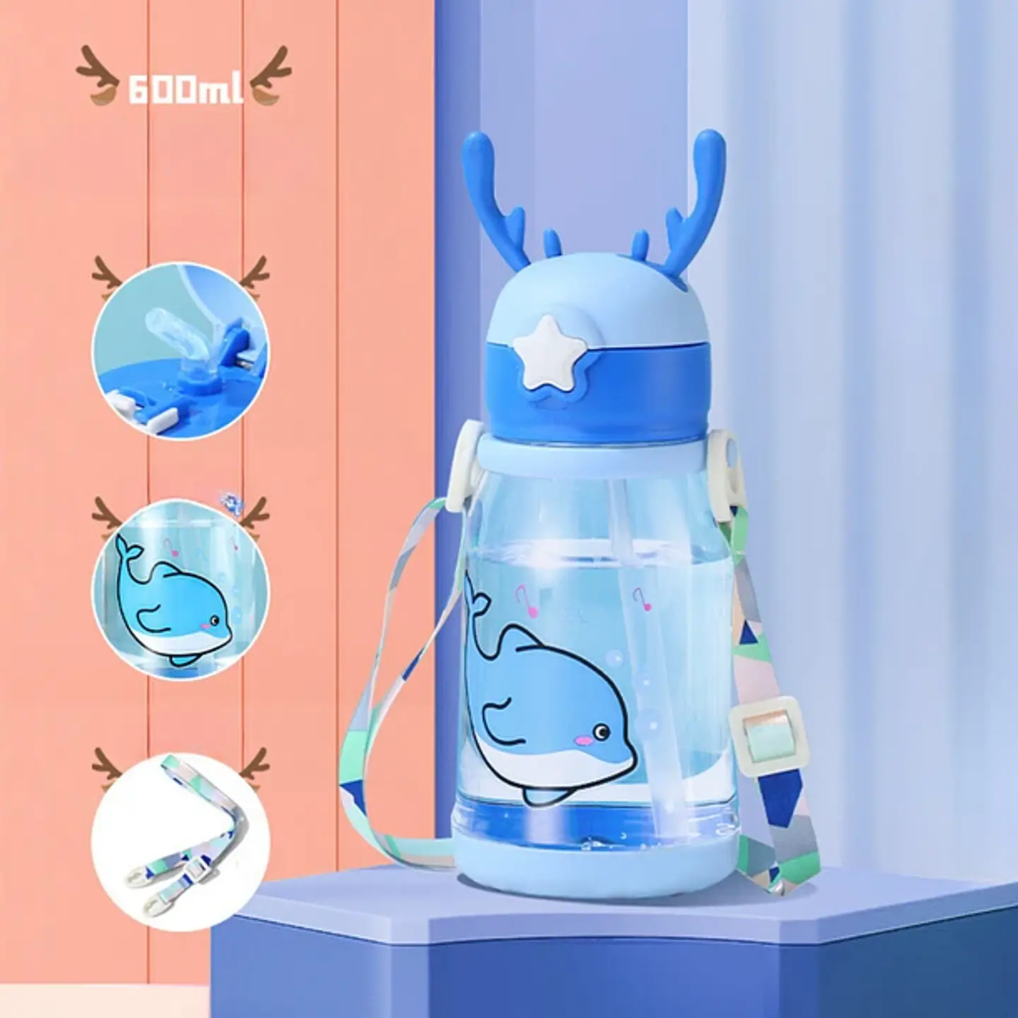 Botella De Agua Para Niños Con Bombilla Kawaii Ciervo 600ml 2