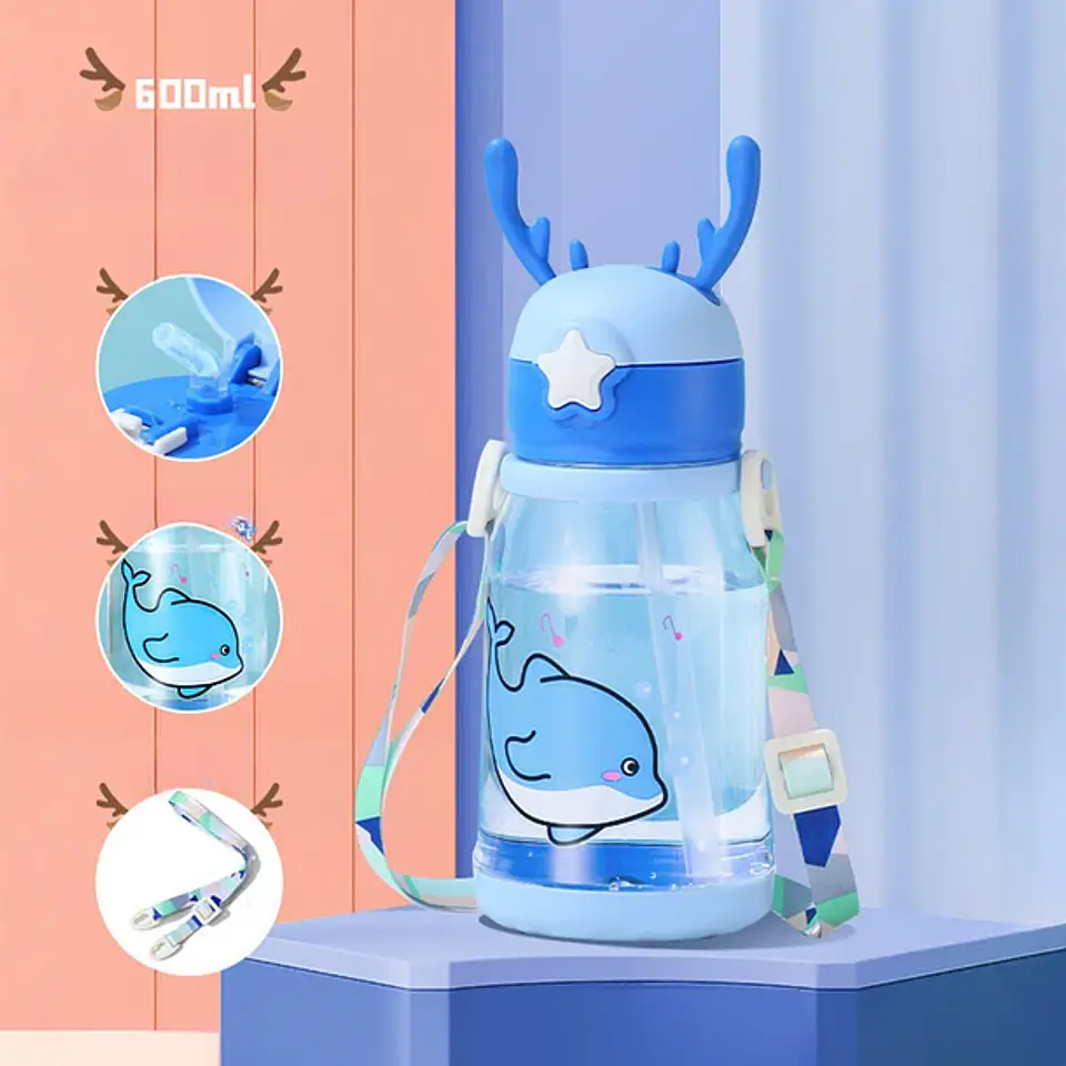 Botella De Agua Para Niños Con Bombilla Kawaii Ciervo 600ml 2