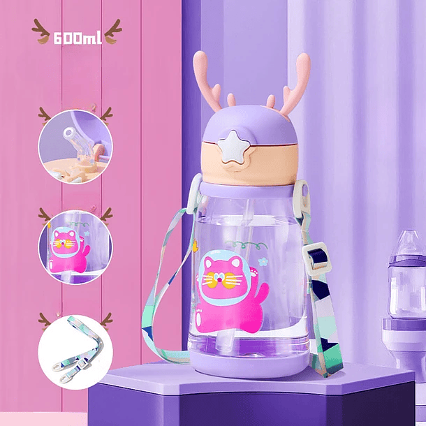 Botella De Agua Para Niños Con Bombilla Kawaii Ciervo 600ml 3