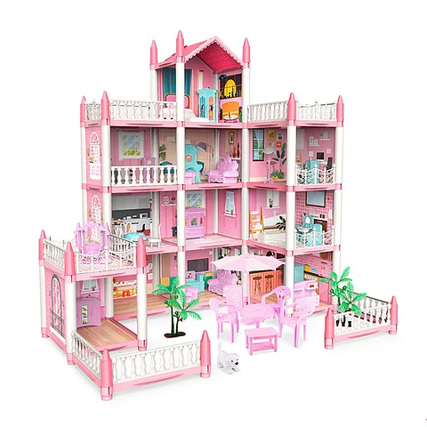 Casa De Muñecas Castillo Rosa Con Mueble Y Decoraciones DYI