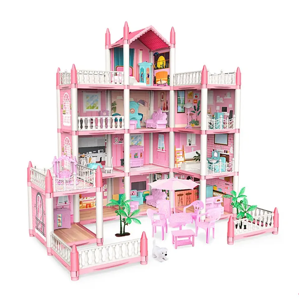 Casa De Muñecas Castillo Rosa Con Mueble Y Decoraciones DYI 1