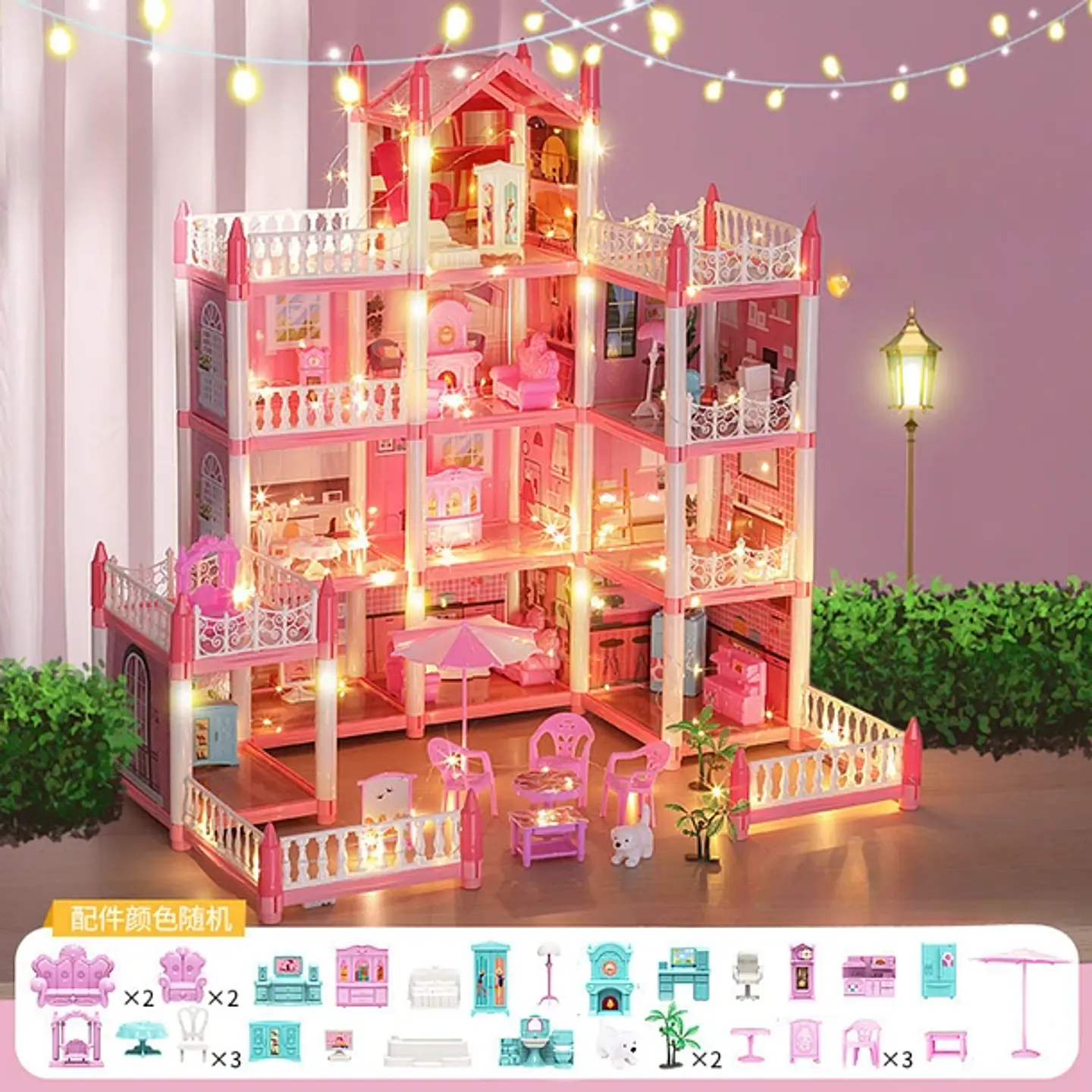 Casa De Muñecas Castillo Rosa Con Mueble Y Decoraciones DYI 5