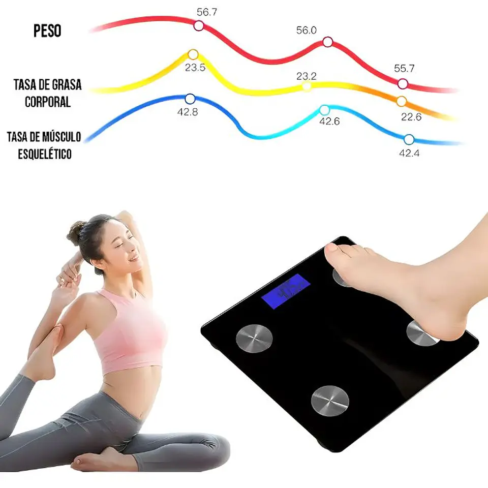 Balanza Pesa Baño Usb Digital Bluetooth Recargable 180kgs 7