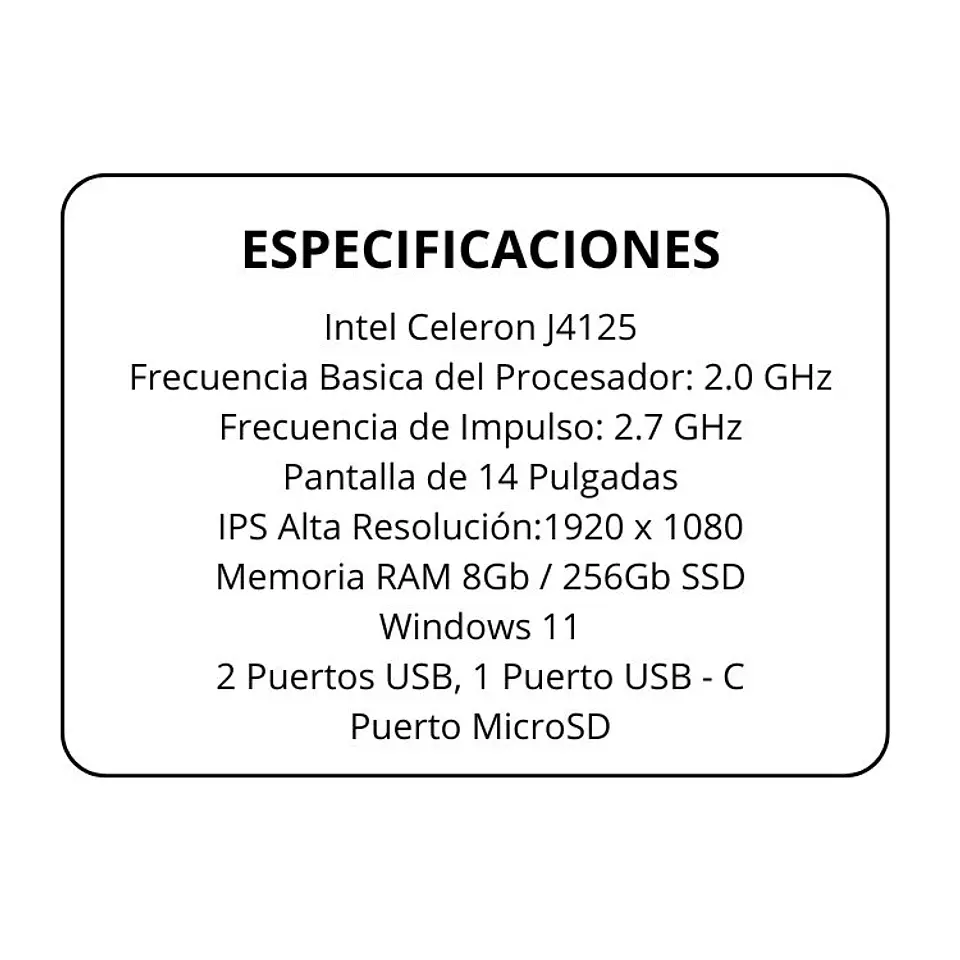 Computadora Notebook 14 Pulgadas Win11 8gb Ram 256gb Ssd 5