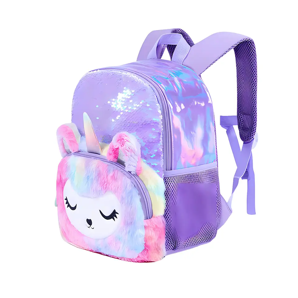 Mochila Escolar Unicornio Felpa Brillos Lentejuelas 2