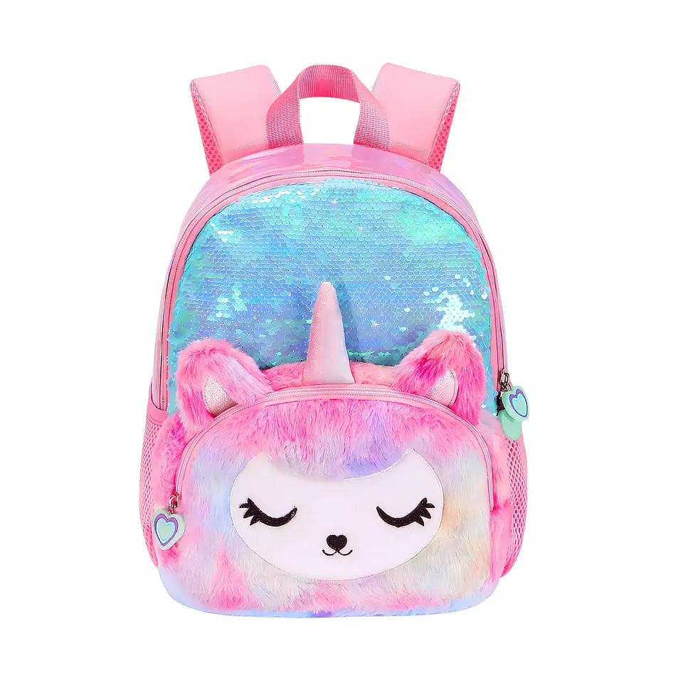 Mochila Escolar Unicornio Felpa Brillos Lentejuelas 3