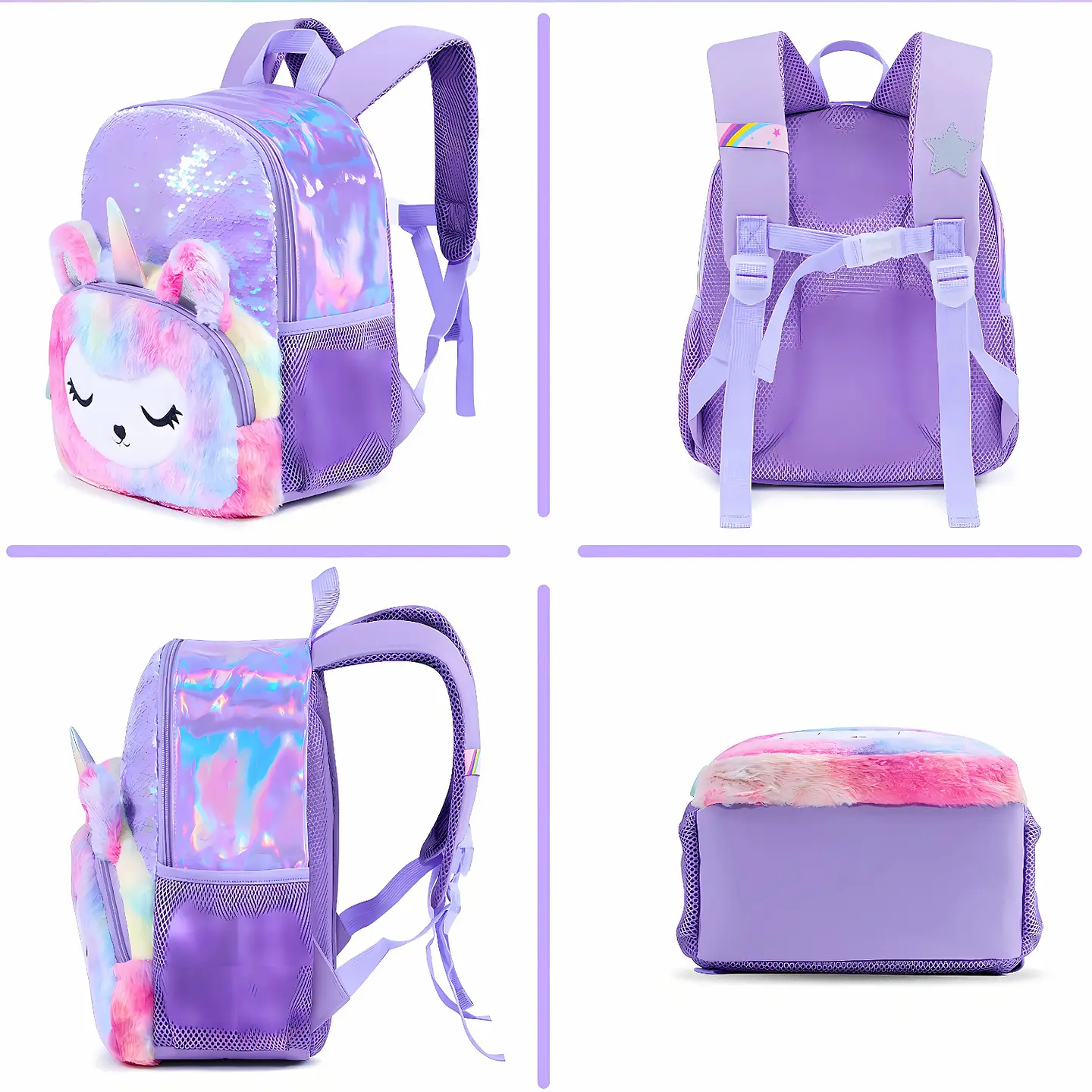 Mochila Escolar Unicornio Felpa Brillos Lentejuelas 4