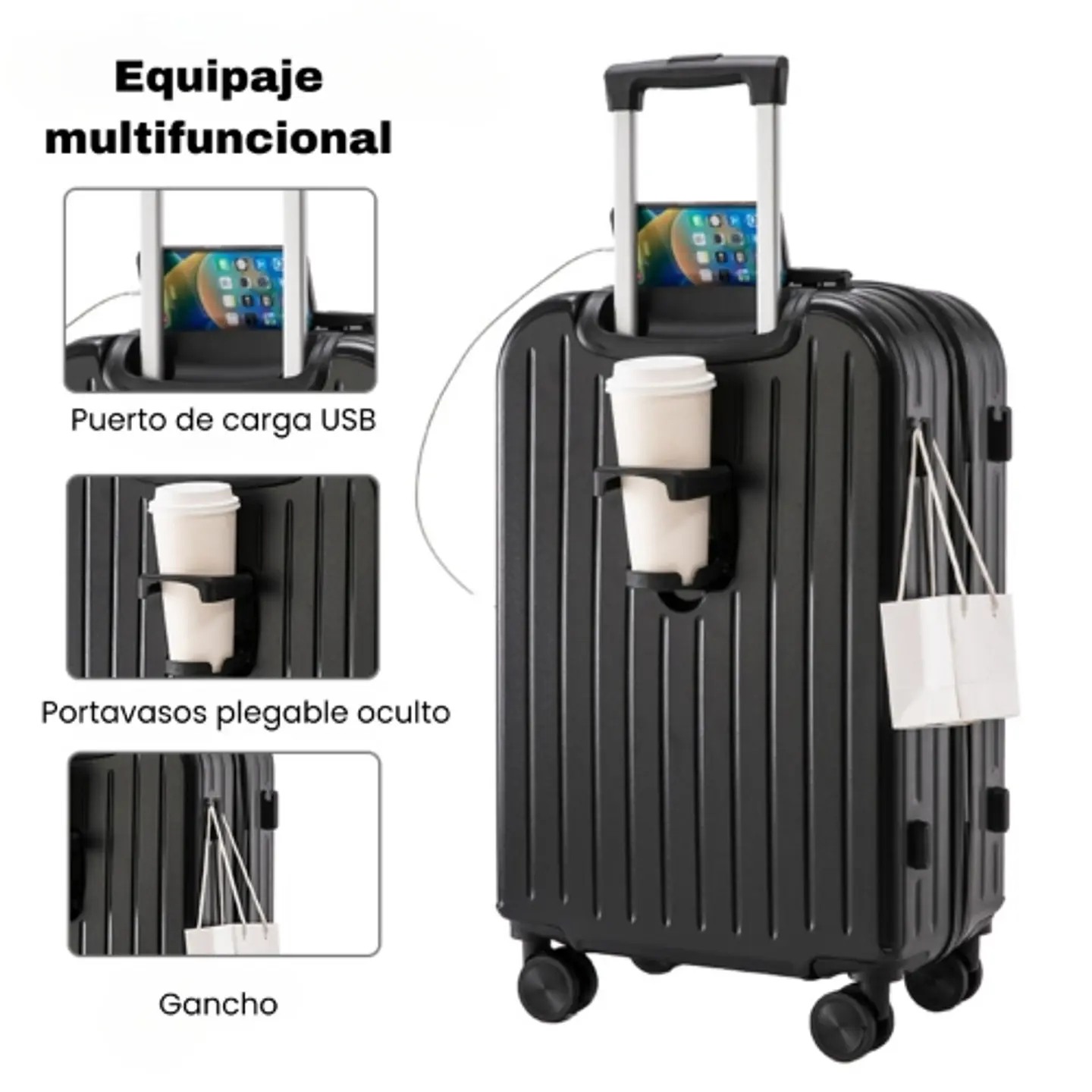 Maleta De Viaje Cabina Equipaje Mediano Con USB Y Portavasos 2