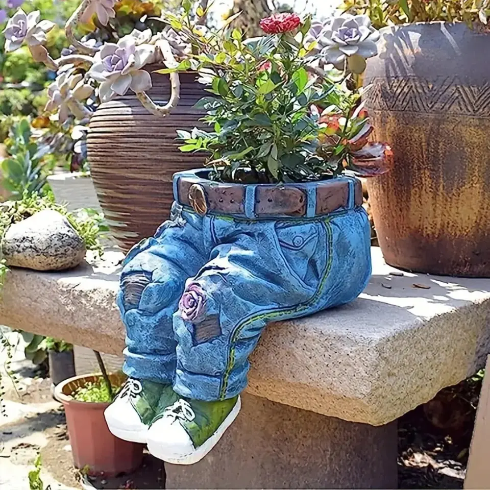 Maceta Decorativa Pantalones Jeans Flores Adorno Jardín 3