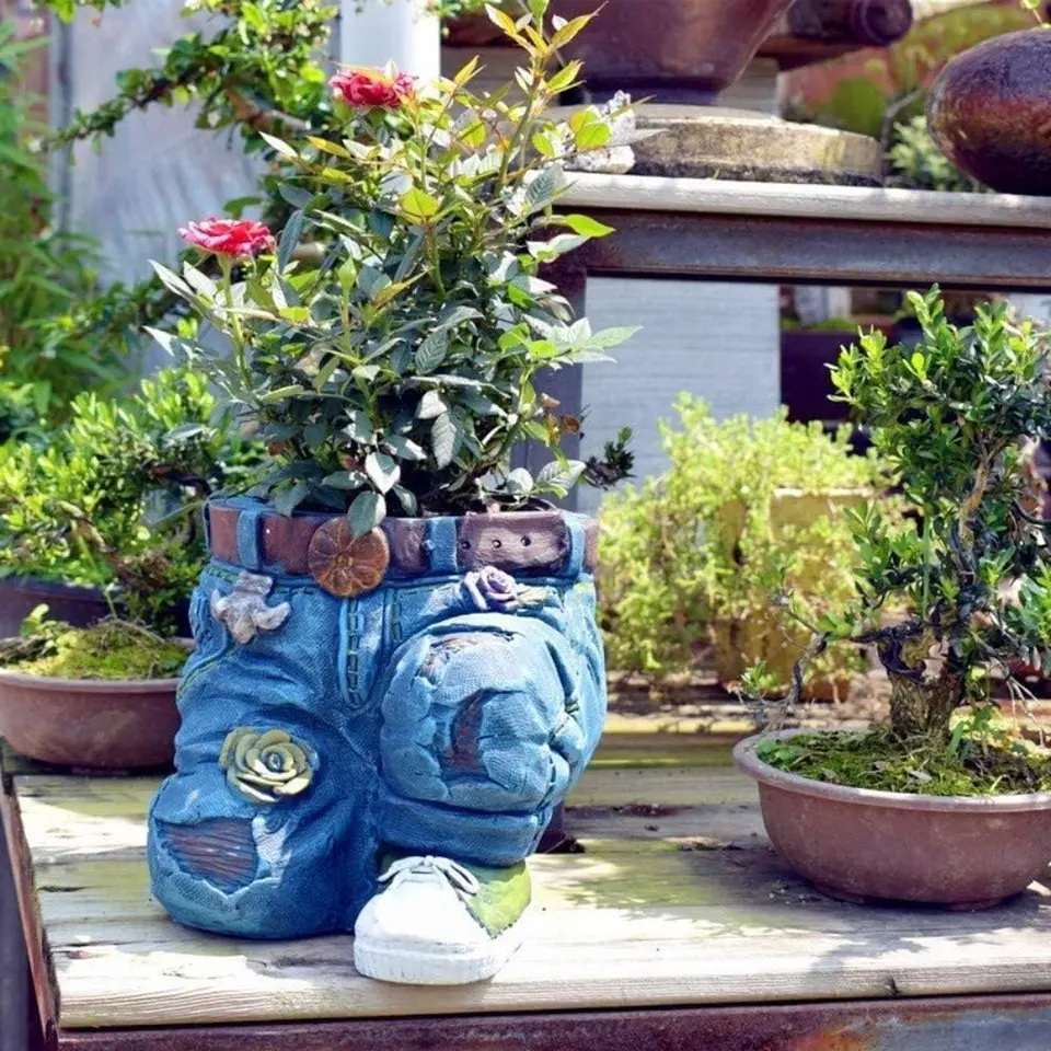 Maceta Decorativa Pantalones Jeans Flores Adorno Jardín 6