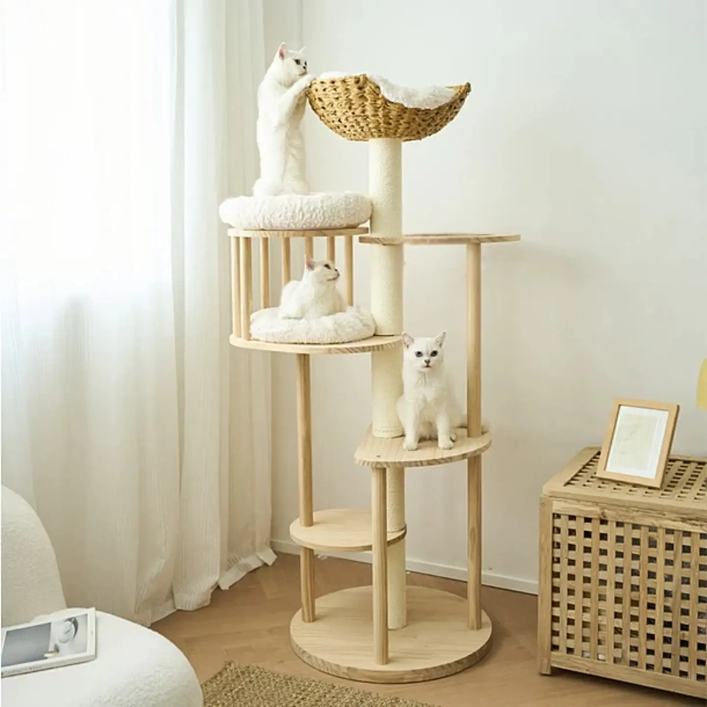 Rascador Para Gatos Tipo Torre Con Casa Elegante Beige 4