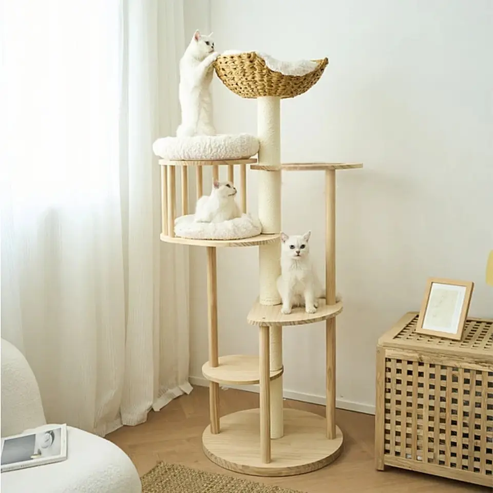Rascador Para Gatos Tipo Torre Con Casa Elegante Beige 4