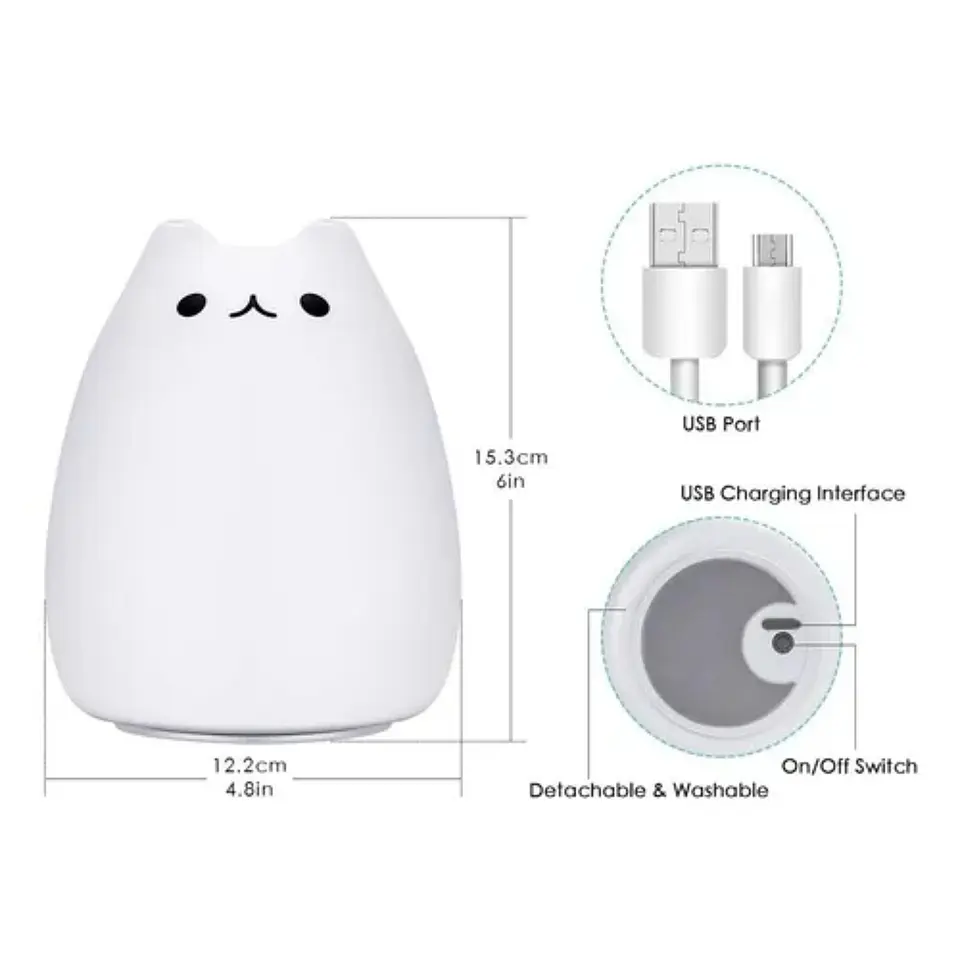 Lampara Led Silicona Gato Kawaii Luz Nocturna Espanta Cuco 2