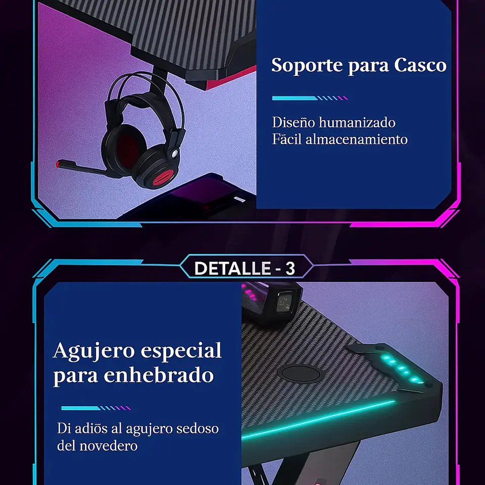 Escritorio Gamer Profesional 140x60x74cm Mesa Con Luces RGB 3