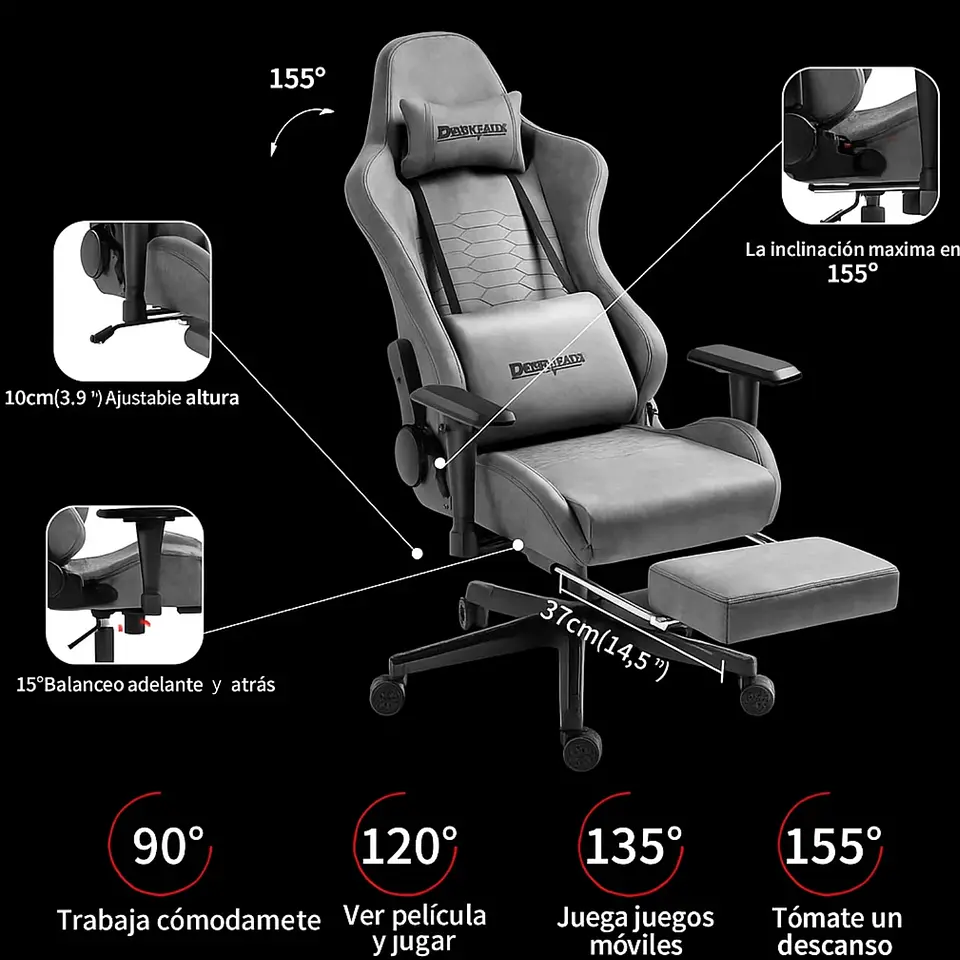 Silla Gamer Ergonómica Con Reposapiés Reclinable Profesional 3