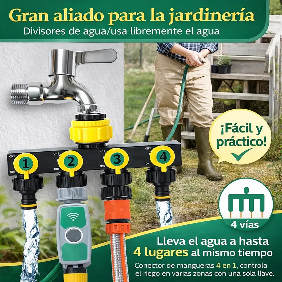 Divisor Manguera 4 Salidas RoseFlower Adaptador Grifo Riego 5