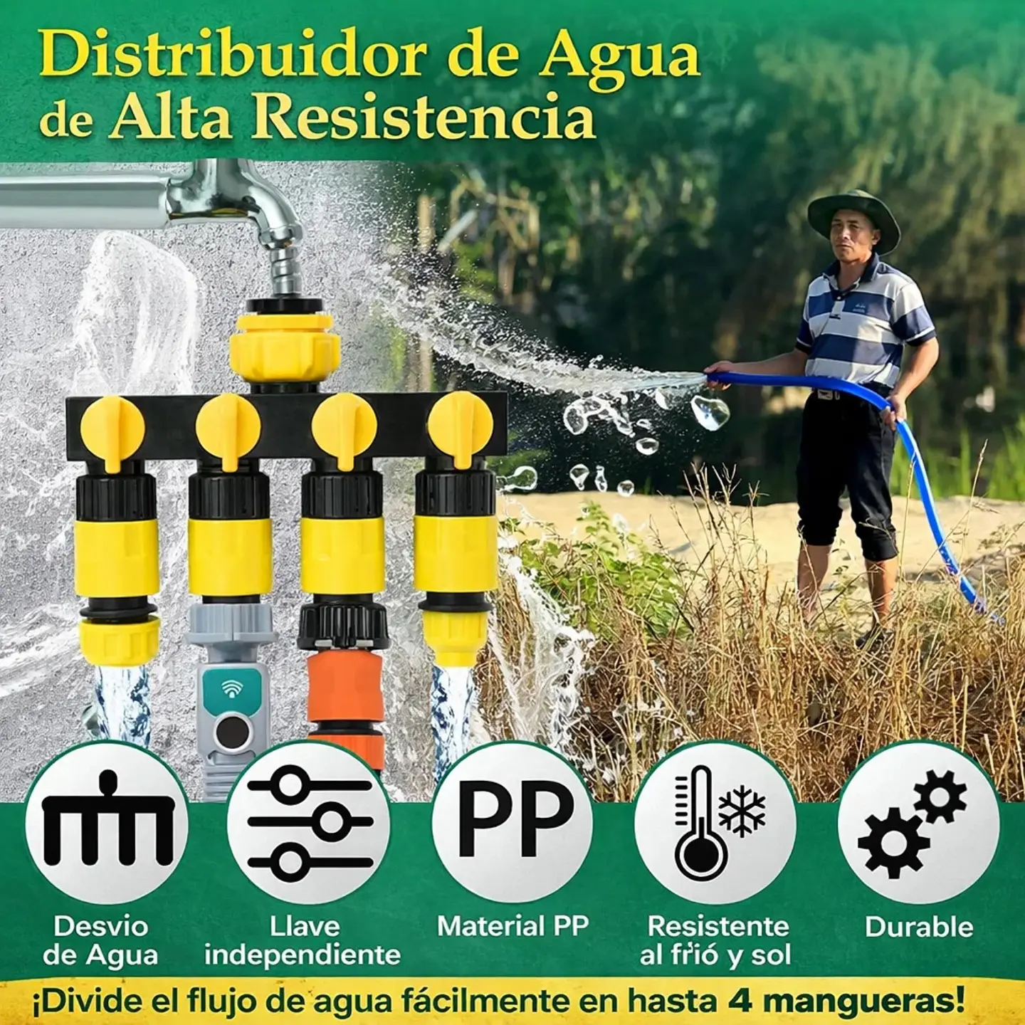 Divisor Manguera 4 Salidas RoseFlower Adaptador Grifo Riego 6