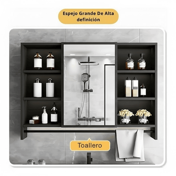 Mueble Organizador De Baño 90x12x70 cm Con Espejo 6 Niveles 6