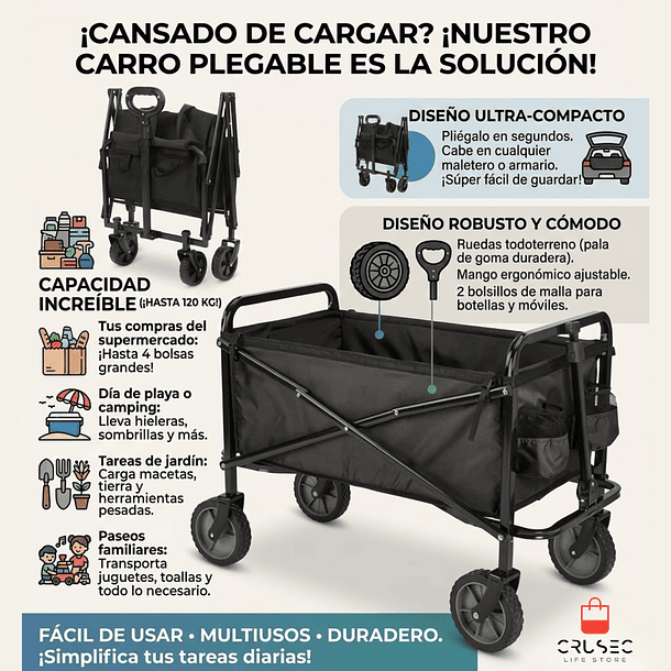 Carro De Carga Plegable Todo Terreno Para Camping Y Playa 3