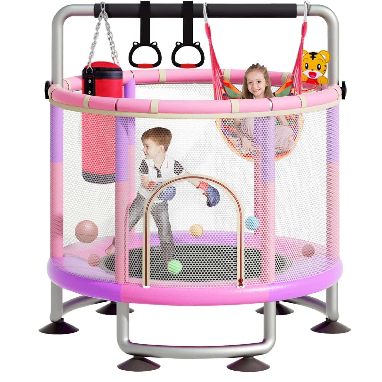 Goplus Trampolín De 60 Pulgadas Para Niños, Trampolín 3 En 1 Con Barra De Gimnasia Anillos Oscilantes Red De Seguridad Elevada Trampolin Goplus Trampolín De 60 Pulgadas Para Niños, Trampolín 3 En 1 Con Barra De Gimnasia Anillos Oscilantes Red De Seguridad Elevada Trampolin