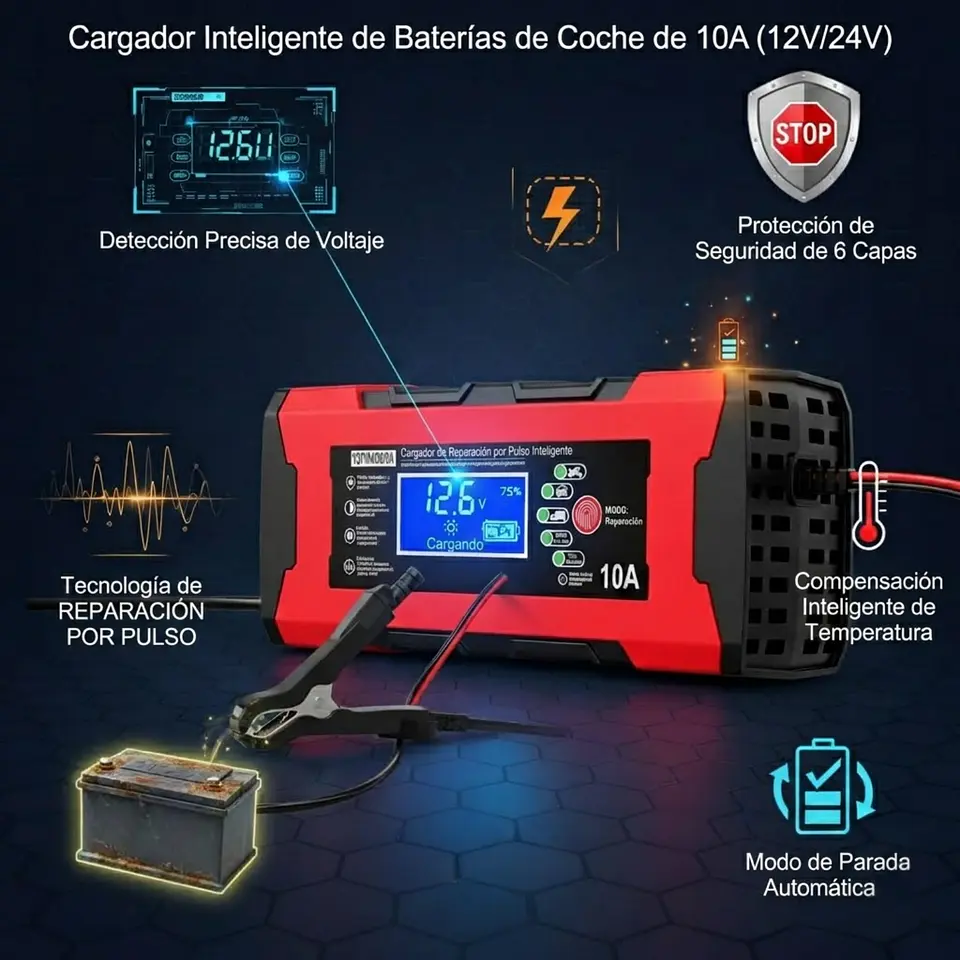 Cargador Batería 12V 10A Auto Moto Carga Rapida Inteligente 5