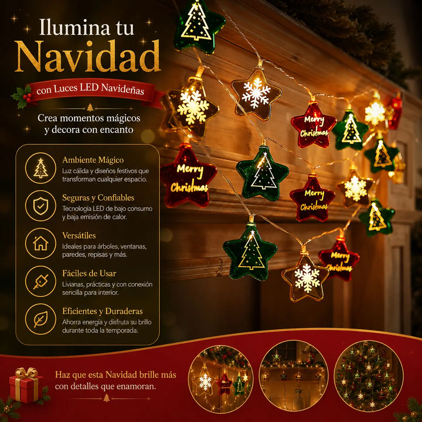 Luces Guirnalda Estrellas LED USB Decoración Navidad 10M 3