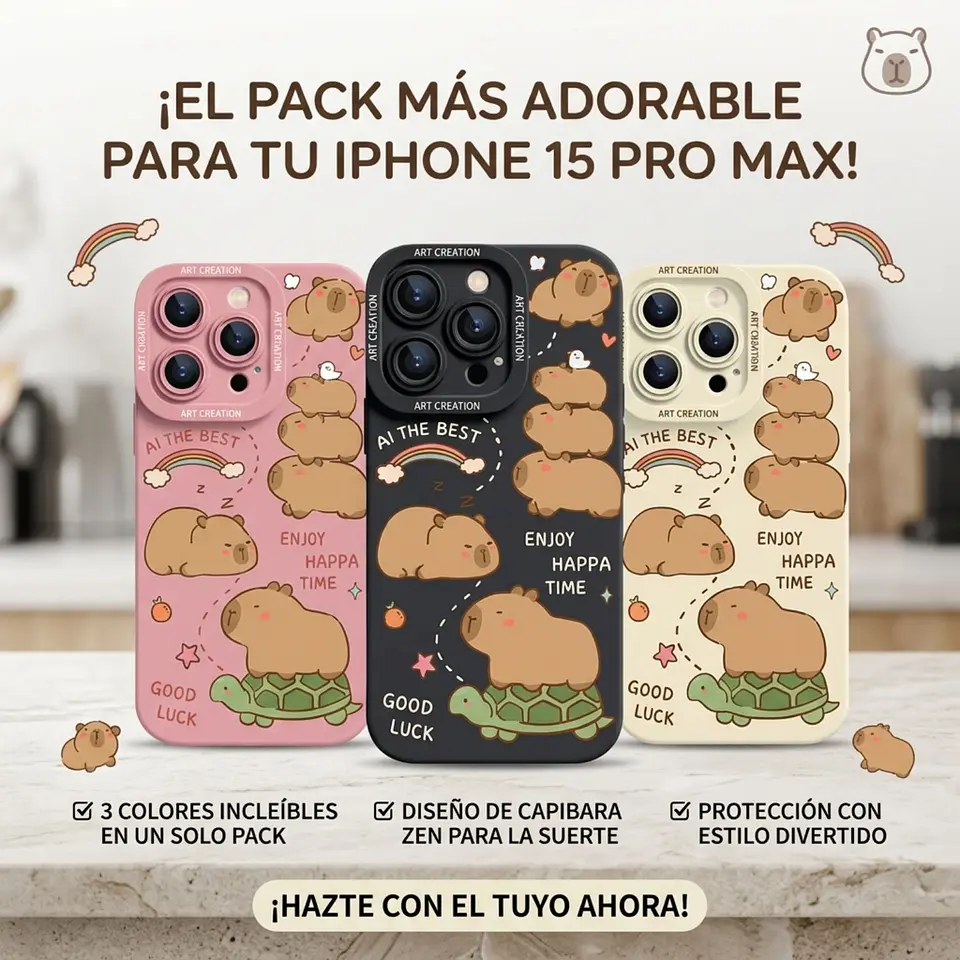 Pack 3 Carcasas Funda Silicona iPhone 15 Pro Max Capibara Antigolpes 2