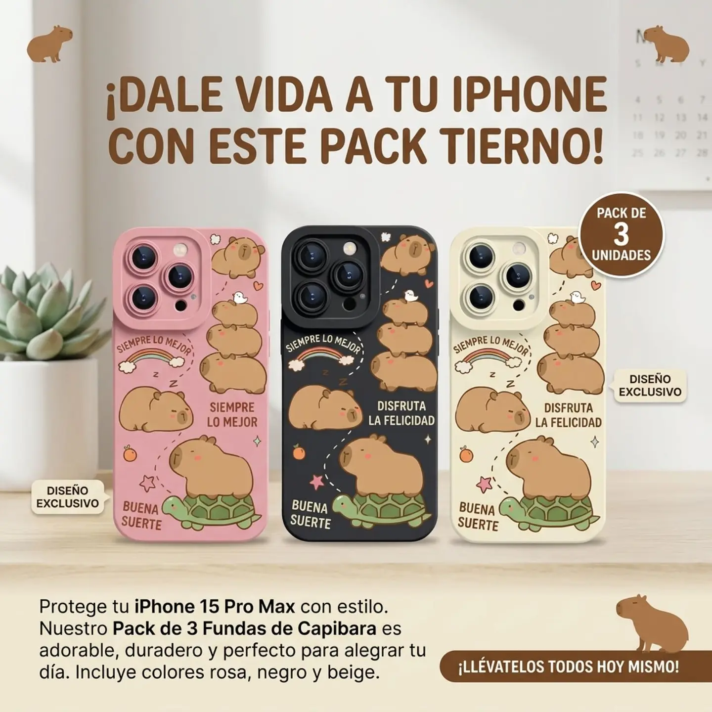 Pack 3 Carcasas Funda Silicona iPhone 15 Pro Max Capibara Antigolpes 3