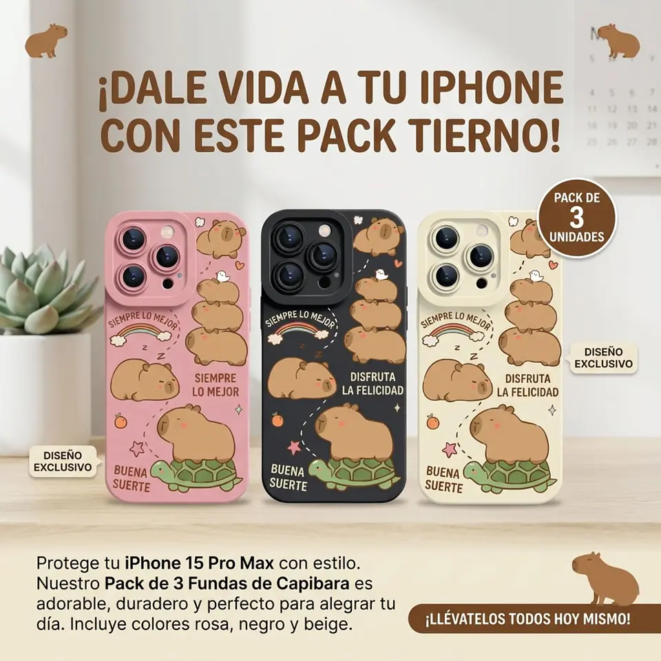 Pack 3 Carcasas Funda Silicona iPhone 15 Pro Max Capibara Antigolpes 3