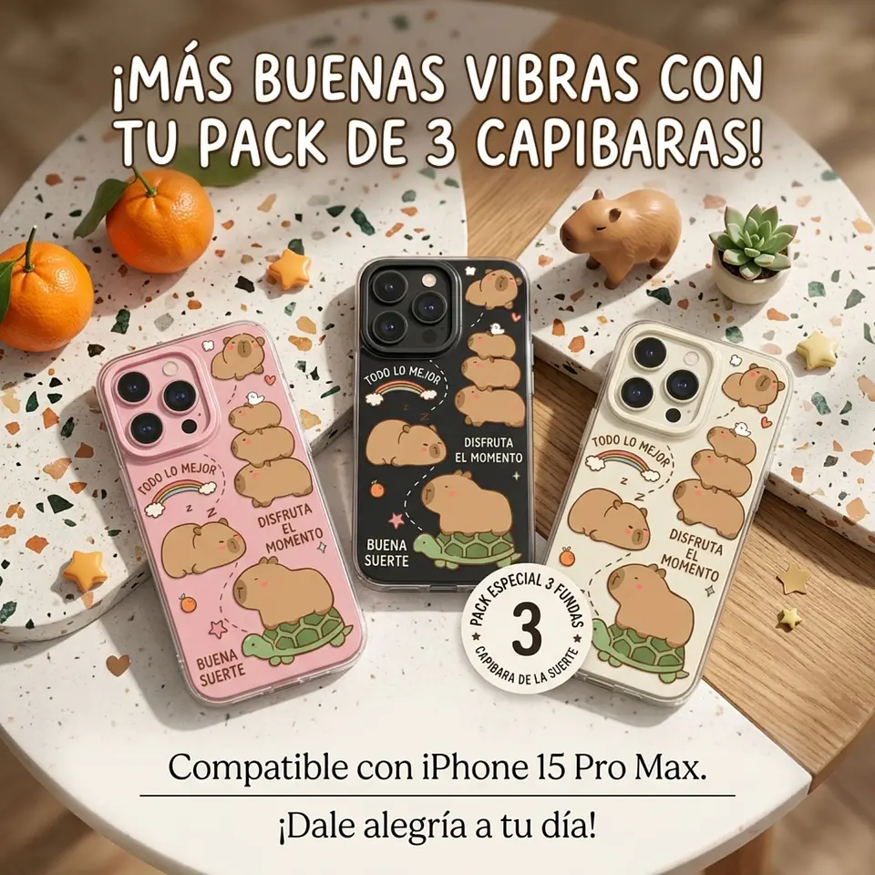Pack 3 Carcasas Funda Silicona iPhone 15 Pro Max Capibara Antigolpes 4