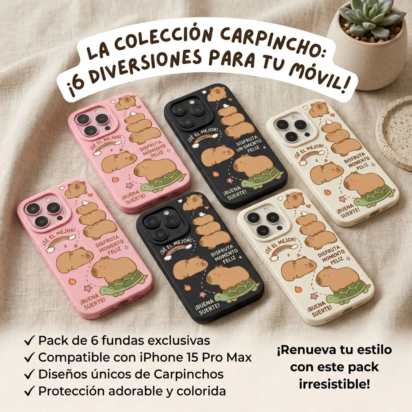 Pack 6 Carcasas Funda Silicona iPhone 15 Pro Max Capibara Antigolpes 2