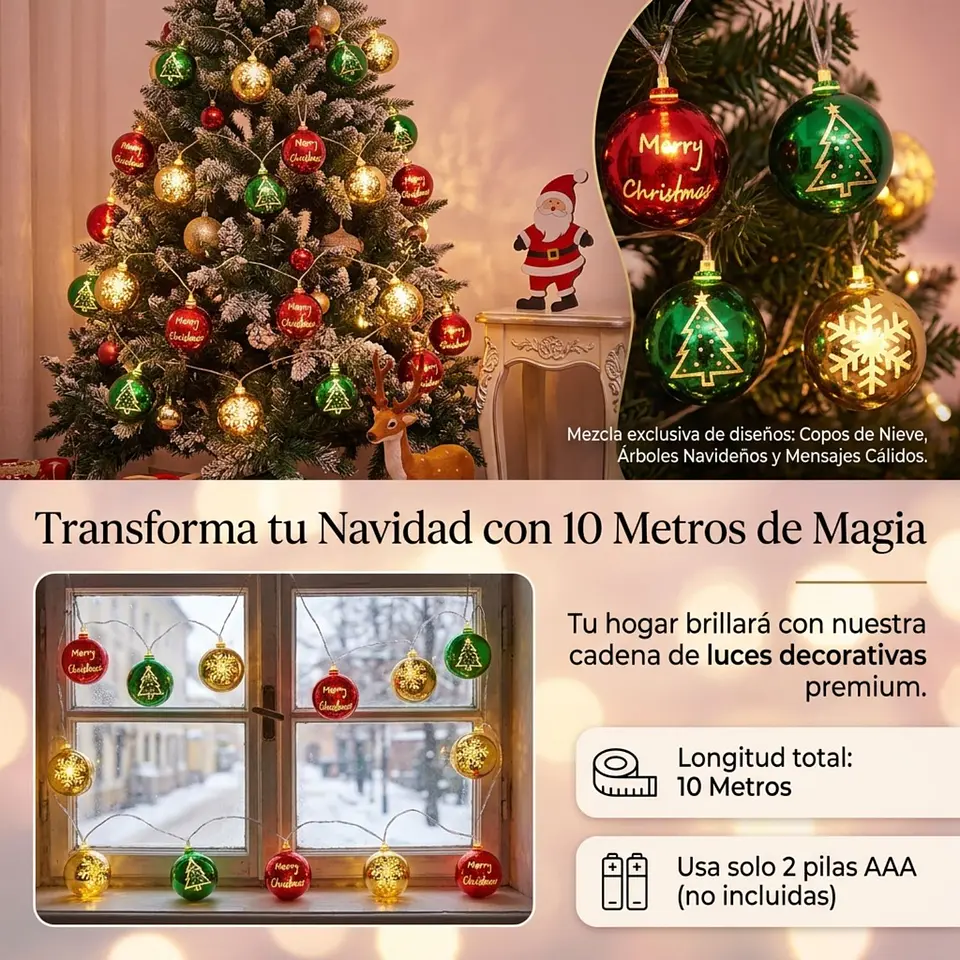 Luces Guirnalda Esferas LED USB Decoración Navidad 10M 4