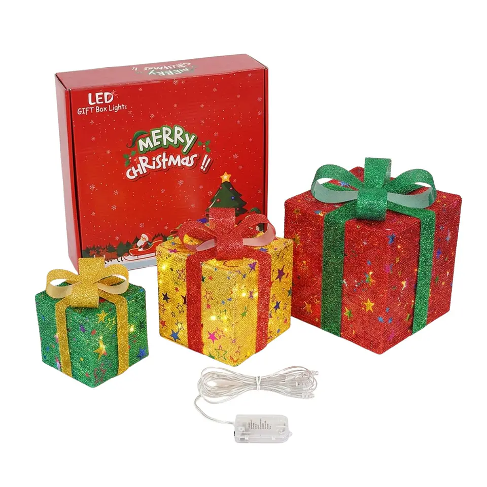 Set 3 Cajas Regalo Navideñas Con Luces LED Cálido  1