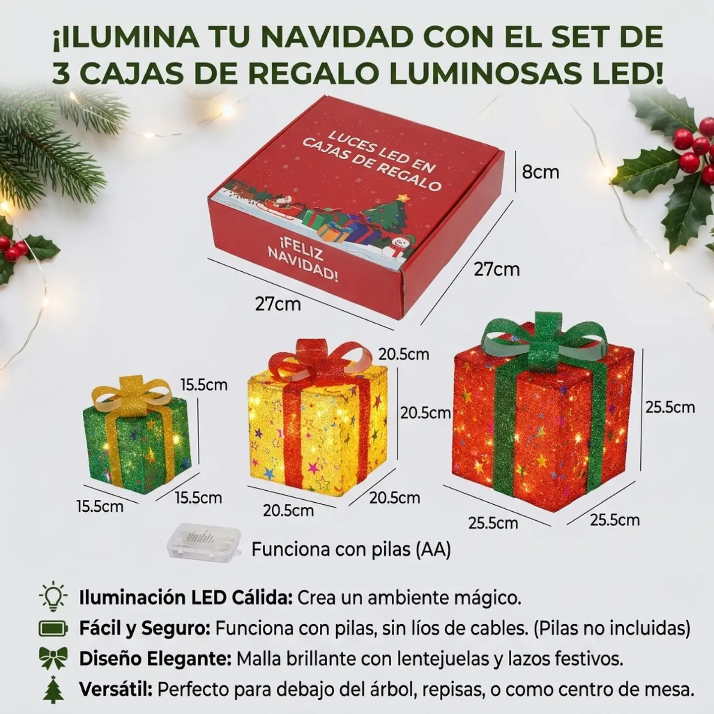 Set 3 Cajas Regalo Navideñas Con Luces LED Cálido  2