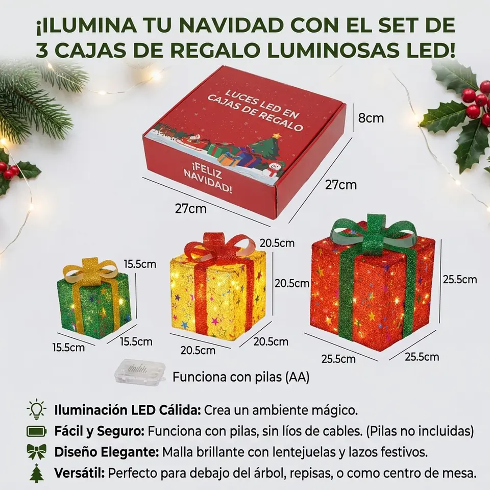 Set 3 Cajas Regalo Navideñas Con Luces LED Cálido  2