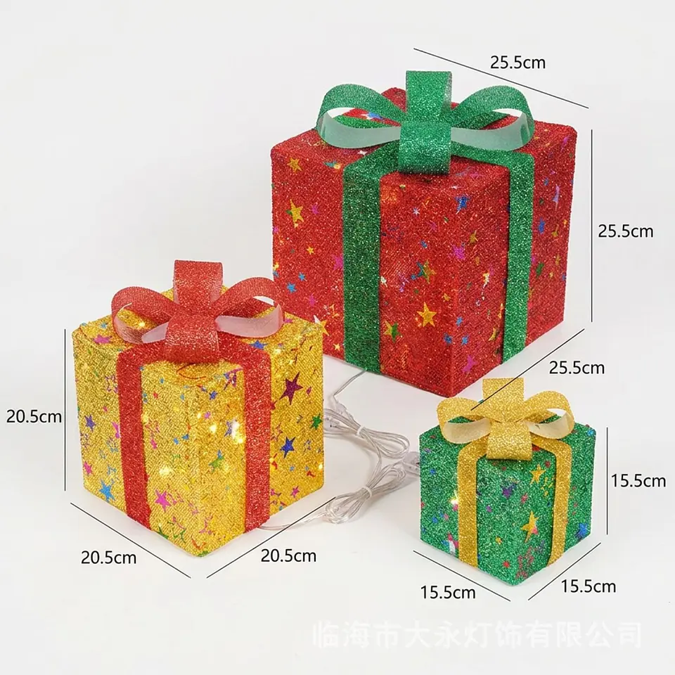 Set 3 Cajas Regalo Navideñas Con Luces LED Cálido  3