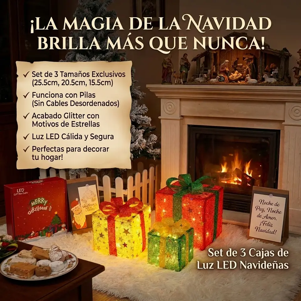 Set 3 Cajas Regalo Navideñas Con Luces LED Cálido  5