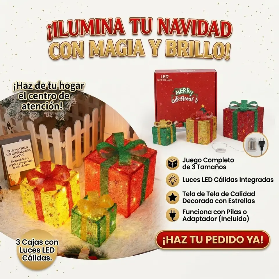 Set 3 Cajas Regalo Navideñas Con Luces LED Cálido  6